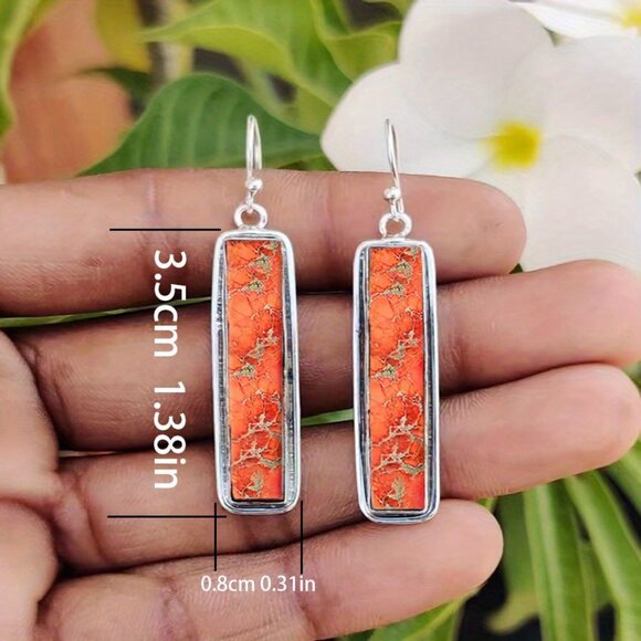 Bohemian Retro Rectangular Dangle Earrings With Stone Pattern - Picture 5 of 5